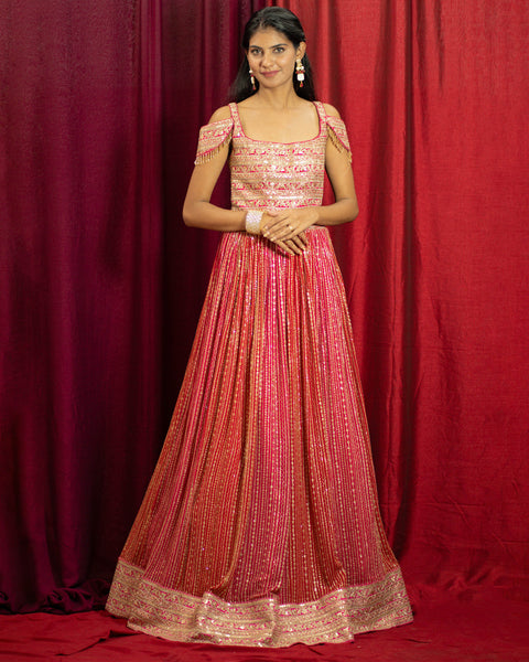 Heavy Red and Orange Striped Gown with Sequin Work