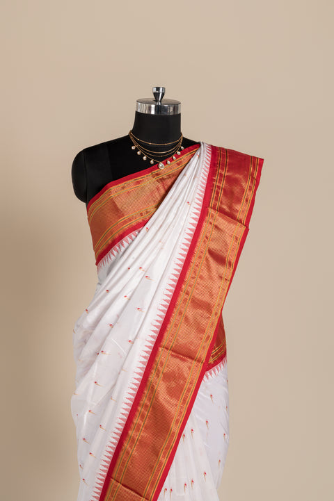 White Pure Silk Paithani Saree with Red Temple Chatai Border