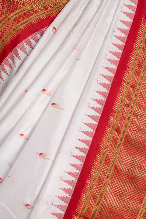 White Pure Silk Paithani Saree with Red Temple Chatai Border