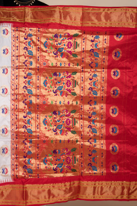 White Pure Silk Paithani Saree with Red Temple Chatai Border