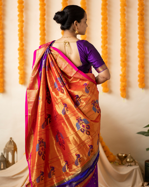 Purple Pure Silk Paithani with Contrasting Pink Traditional Border and Pallu