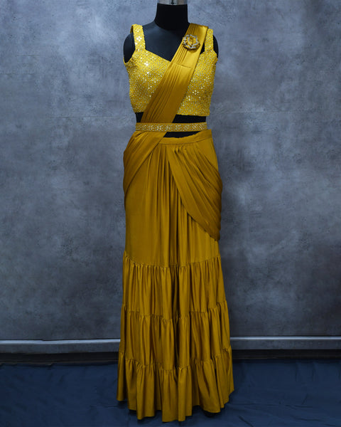 Mustard Yellow Muslin Silk Pre-draped Saree