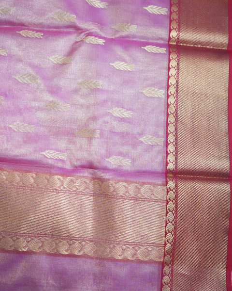 Pink Chanderi Tissue Silk Saree with Gold Zari Border