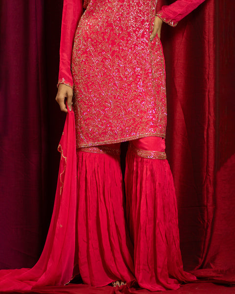 Rani Pink Raw Silk Three-Piece Suit with Cut Dana Handwork