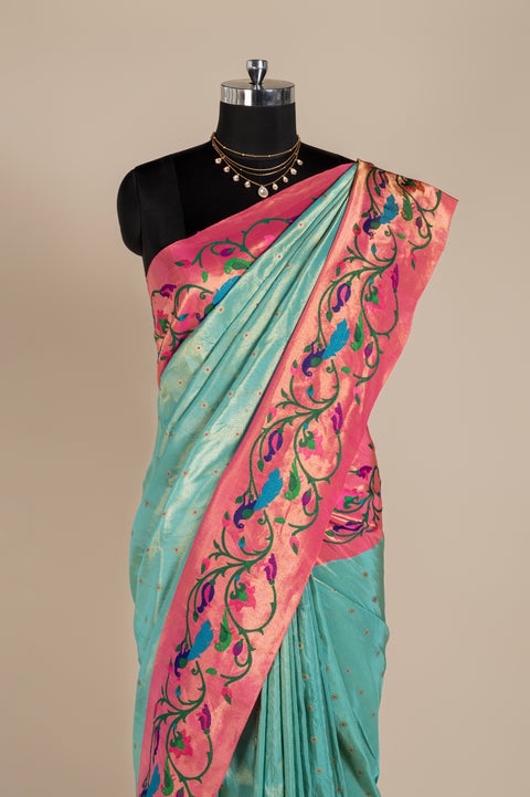 Shahi Aqua Blue Handwoven Pure Silk Paithani Saree with Butta