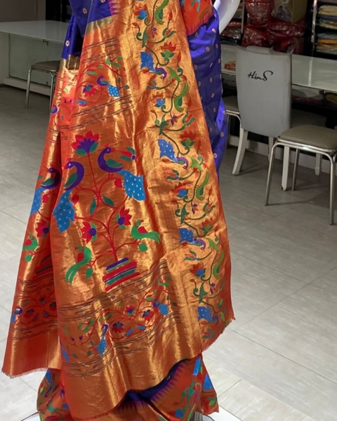 Royal Blue Pure Silk Paithani with Designer Border and Pallu