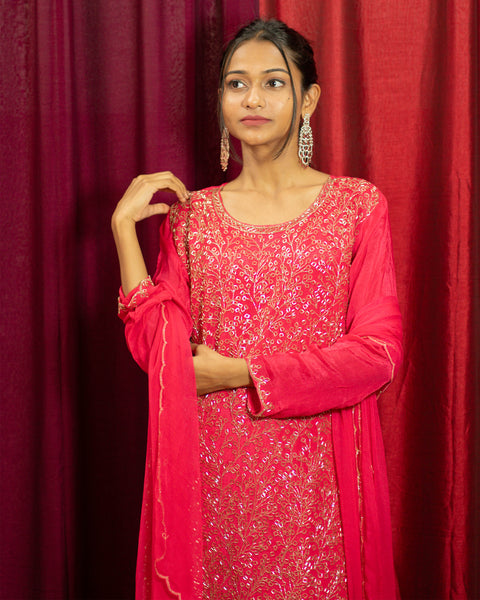 Rani Pink Raw Silk Three-Piece Suit with Cut Dana Handwork