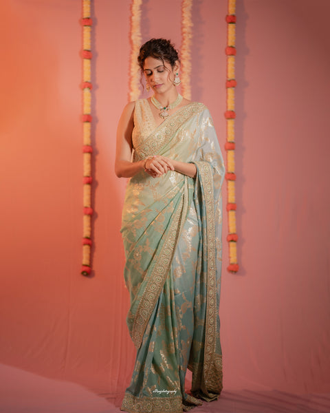 Ombre Light Green and Aqua Blue Designer Banarasi Saree