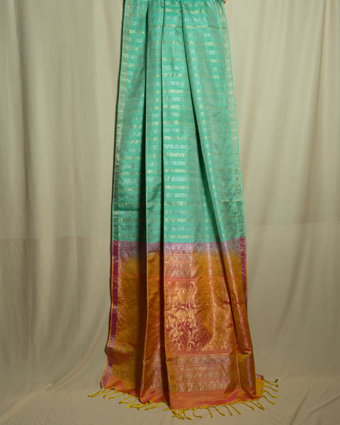 Aqua Blue Soft Silk Saree with Contrast Orange Border and Traditional Pallu