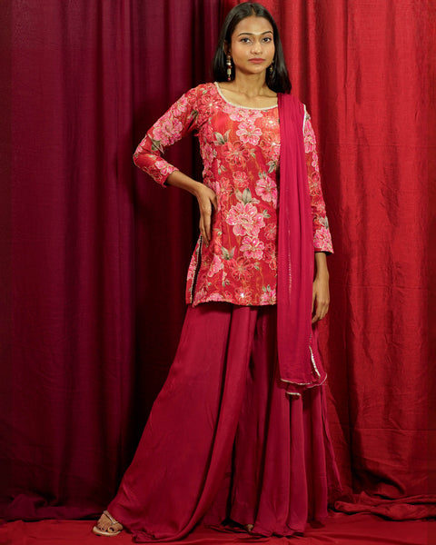 Maroon Sharara Suit with Floral Print and Zari Work