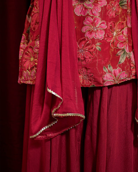 Maroon Sharara Suit with Floral Print and Zari Work