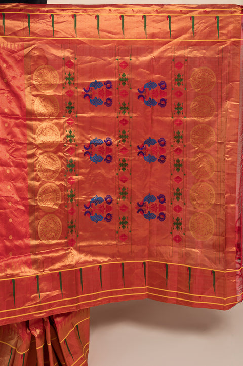 Rani Tissue Handwoven Pure Silk Paithani Saree with Rudraksh Butta