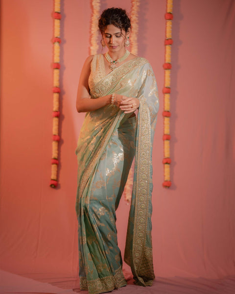 Ombre Light Green and Aqua Blue Designer Banarasi Saree