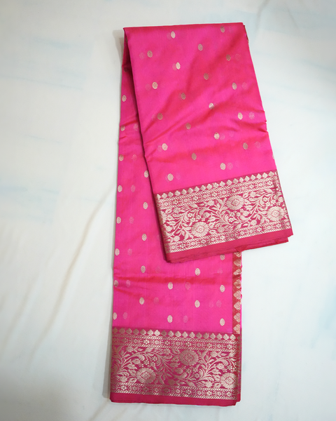 Rani Pink Chanderi Silk Saree with Gold Zari Butta & Floral Border