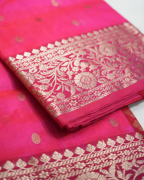 Rani Pink Chanderi Silk Saree with Gold Zari Butta & Floral Border