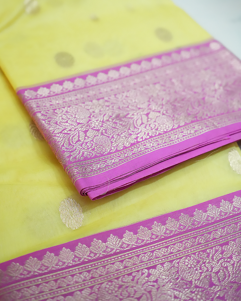 Sunshine Glow Yellow Chanderi Pure Silk Saree with Pink Zari Border