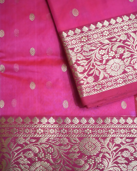 Rani Pink Chanderi Silk Saree with Gold Zari Butta & Floral Border