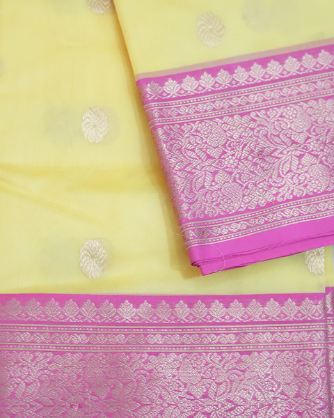 Sunshine Glow Yellow Chanderi Pure Silk Saree with Pink Zari Border