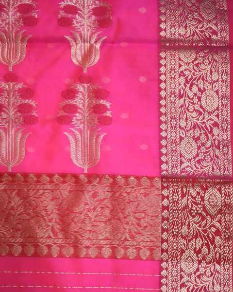 Rani Pink Chanderi Silk Saree with Gold Zari Butta & Floral Border