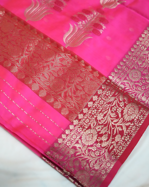 Rani Pink Chanderi Silk Saree with Gold Zari Butta & Floral Border