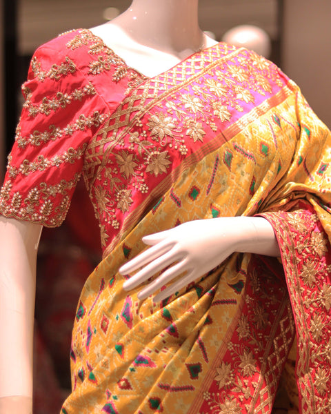 Buy Golden Yellow Designer Patola Saree With Pink Border