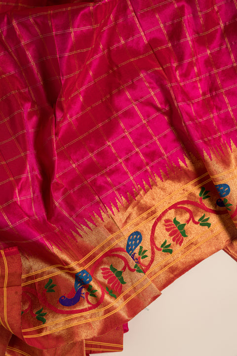 Rani Checks Handwoven Pure Silk Paithani Saree with Peacock Border