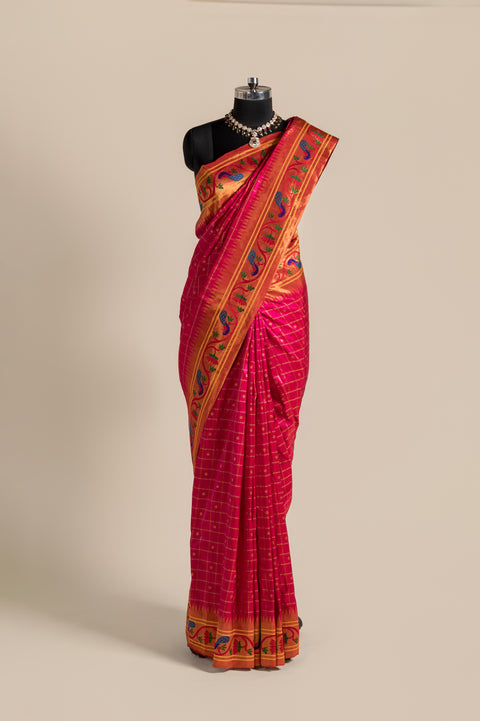 Rani Checks Handwoven Pure Silk Paithani Saree with Peacock Border