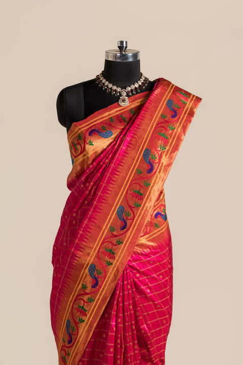 Rani Checks Handwoven Pure Silk Paithani Saree with Peacock Border