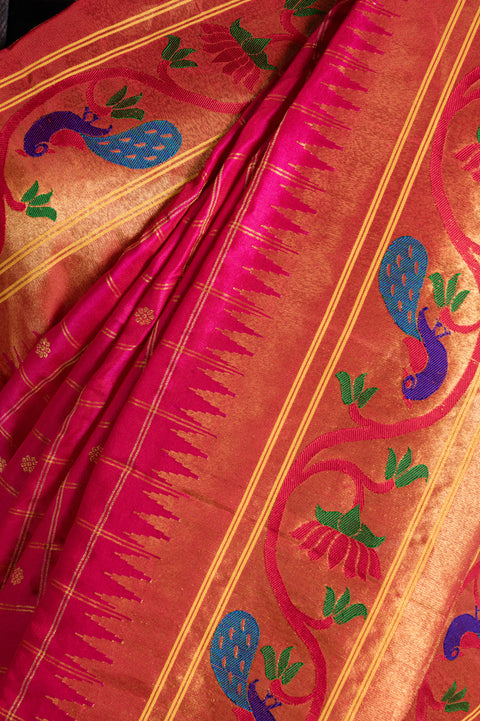 Rani Checks Handwoven Pure Silk Paithani Saree with Peacock Border