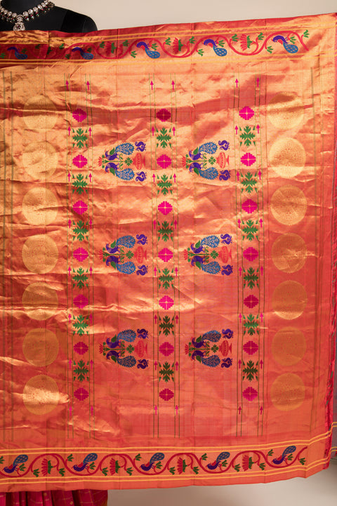 Rani Checks Handwoven Pure Silk Paithani Saree with Peacock Border