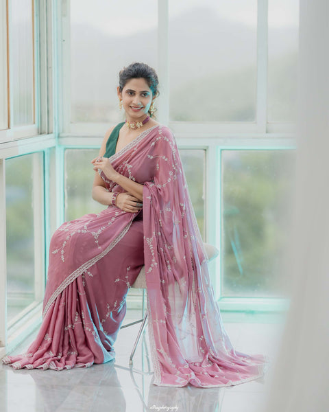 Print Designer Crepe Saree with Stone Work – As Worn by Yogita Chavan