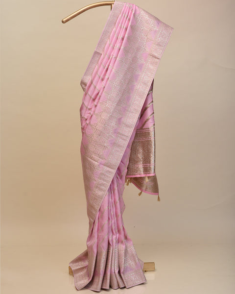 Baby Pink Dola Silk Saree With Leheriya Zari Print