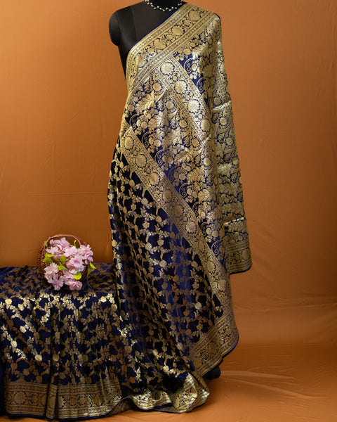 The Exquisite Royal blue Banarasi Silk Saree Jaal