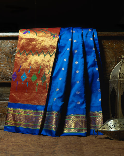 Royal Blue Pure Silk Paithani Saree with Golden Zari Chatai Border and Traditional Pallu