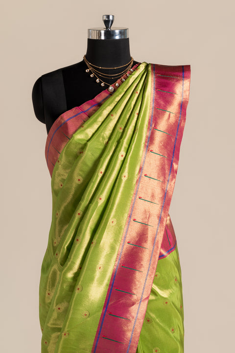 Parrot Green Tissue Handwoven Paithani Saree with Meena Butta