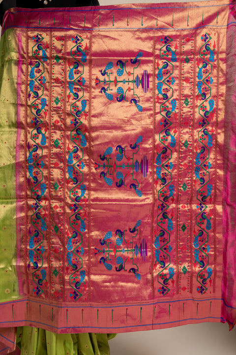 Parrot Green Tissue Handwoven Paithani Saree with Meena Butta