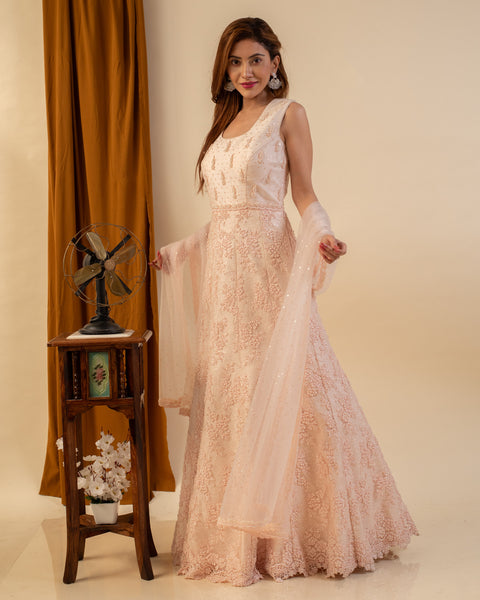 Peach Bridal Gown with pearl work