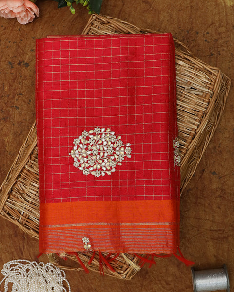 Hot Red Pure Linen Saree with Gottapatti Butties