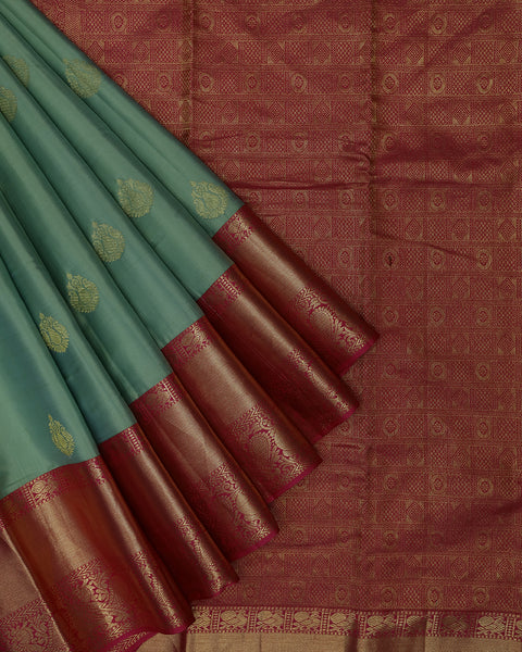 Green and Pink Pure Silk Nalli Kanjeevaram Saree with Golden Zari Buttis and Intricate Border