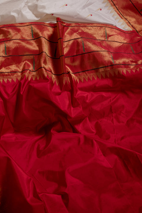 White Handwoven Paithani Saree with Triple Muniya Border & Butta