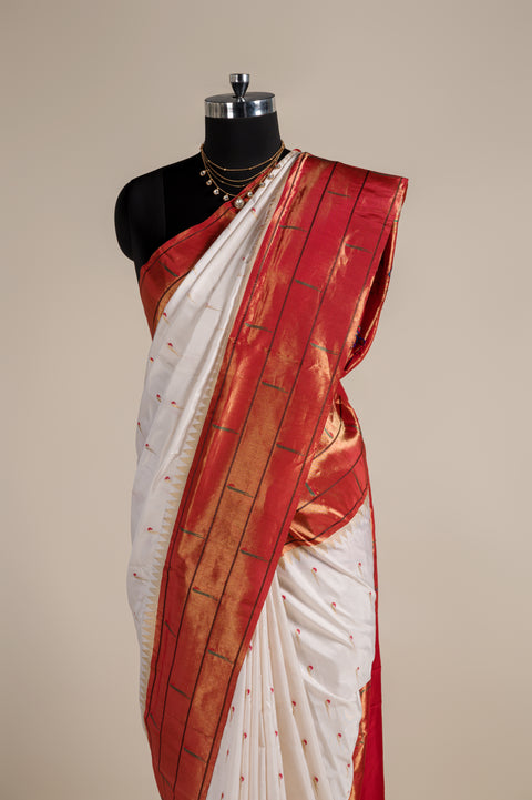 White Handwoven Paithani Saree with Triple Muniya Border & Butta