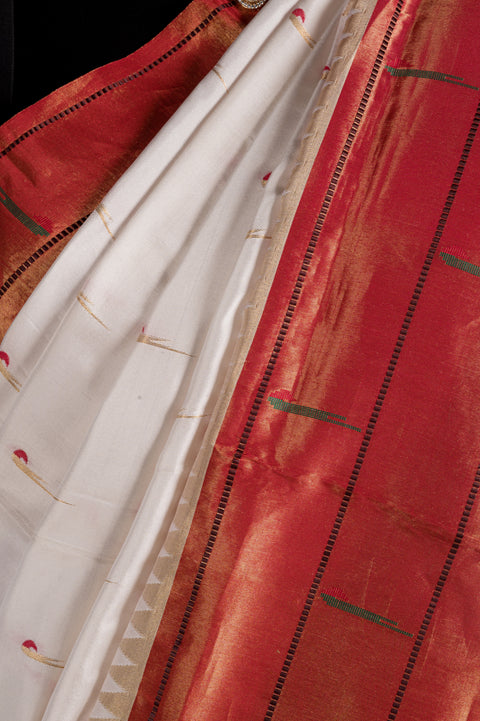 White Handwoven Paithani Saree with Triple Muniya Border & Butta