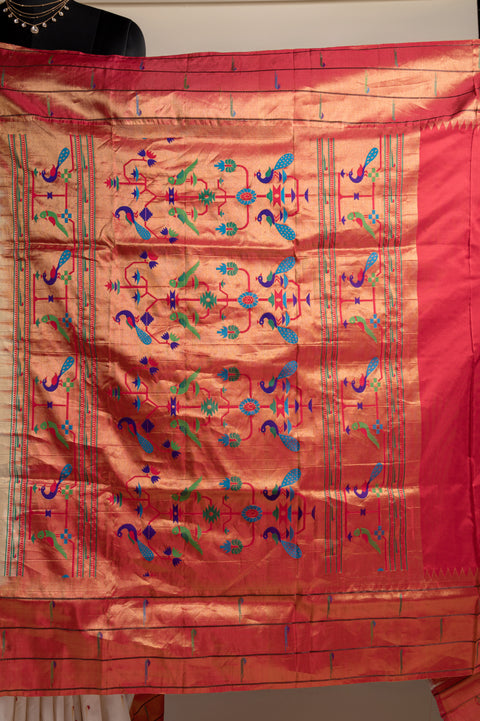 White Handwoven Paithani Saree with Triple Muniya Border & Butta