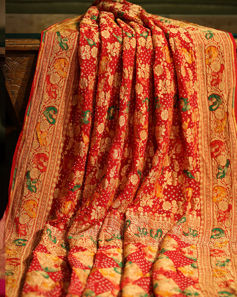 Classic Red Khaddi Georgette Bandhani Saree