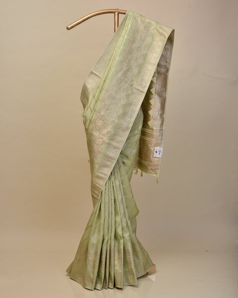 Pastel Green Dola Silk Saree With Leheriya Zari Print