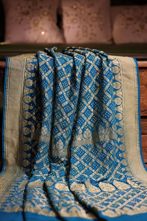 Cobalt Blue Khaddi Georgette Bandhani Sarees
