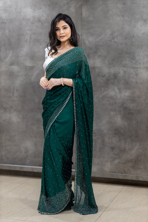 Leaf Green Satin Saree