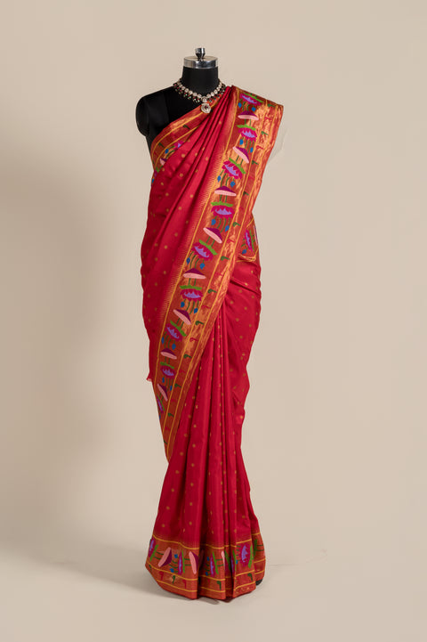 Red Lotus Handwoven Paithani Saree with Tilgul Butti Border