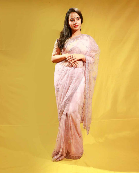 Baby Pink Designer Organza Saree