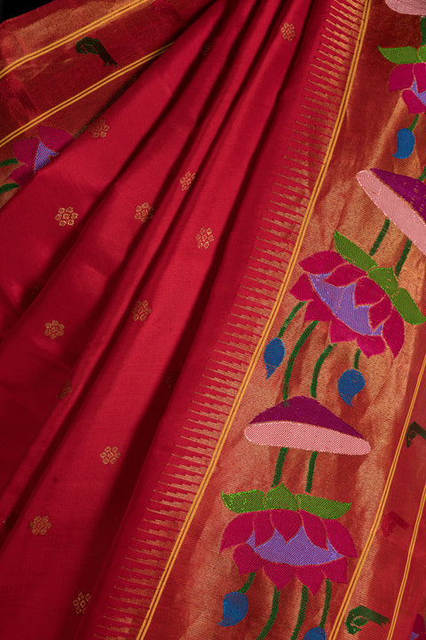 Red Lotus Handwoven Paithani Saree with Tilgul Butti Border